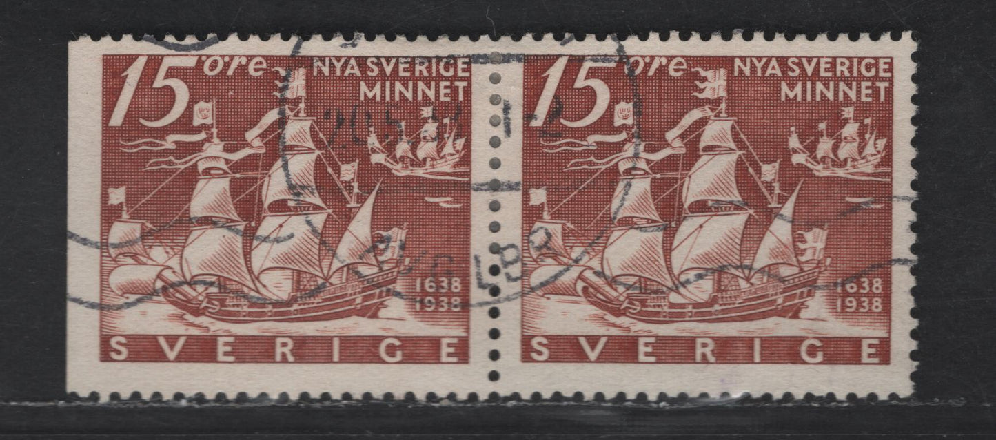 Lot 177 (C) Sweden SC#274, 274a (Facit #262BC) 15o Brown Kalmar Nyckel Sailing From Gothenburg, 1938 Pictorial Issue, A Fine Used Pair, Perf 12.5, Sheet & Booklet Straight Edged Stamps