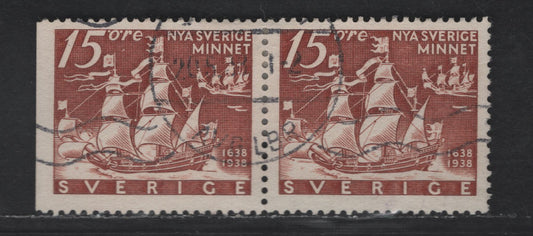 Lot 177 (C) Sweden SC#274, 274a (Facit #262BC) 15o Brown Kalmar Nyckel Sailing From Gothenburg, 1938 Pictorial Issue, A Fine Used Pair, Perf 12.5, Sheet & Booklet Straight Edged Stamps