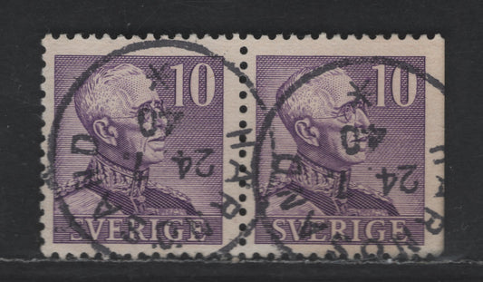 Lot 178 Sweden SC#300, 300c (Facit #273CB) 10o Violet King Gustaf V, 1939-1946 Pictorial Issue, A Very Fine Used Booklet Pair, Showing Normal & Straight Edged Stamp, Vertical Colored Line In Coat Lapel July 24 1940, Harnosand CDS