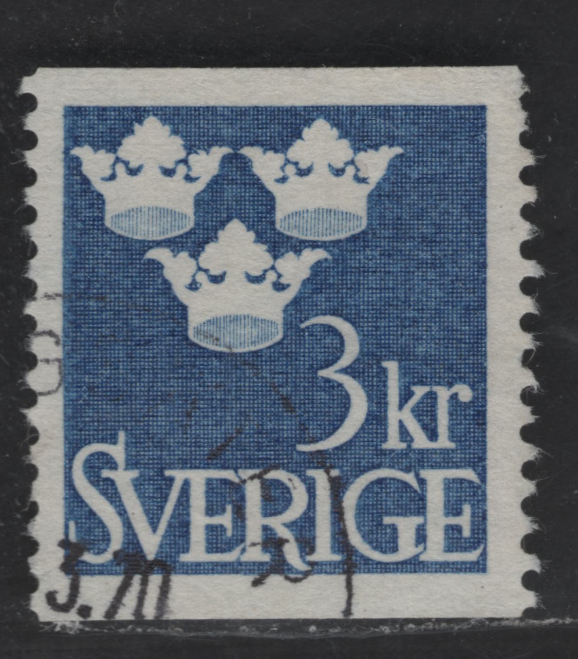 Sweden SC#664var (Facit 317v) 3k Bright Ultramarine Three Crowns, 1964-1971 Pictorial Issue, A Very Fine Used Single, Yellow Fluorescence