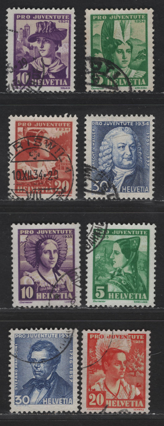 Switzerland SC#B69-B76 5c - 30c Green & Buff - Ultramarine Girl of Appenzeli - Stefano Franscini, 1934-1935 Semi Postals, 8 Very Fine Used Singles, Unwatermarked & Wmk 183