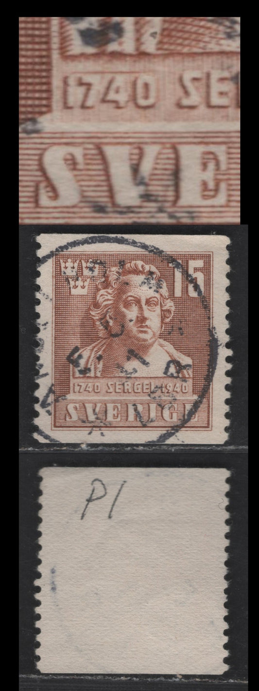 Lot 179 (C) Sweden SC#314var (Facit # 326P2) 15o Light Brown Tobias Sergel, 1940 Pictorial Issue, A Very Fine Used Single, Line Above '1740' Variety
