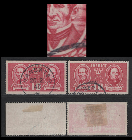 Sweden SC#332var, 333var 10o Magenta Torsten Rudenschold & Nils Mansson, 1942 Pictorial Issue, A Very Fine Used Pair, Vertical Perforations Type 1 & Horizontal Perforation Type 1