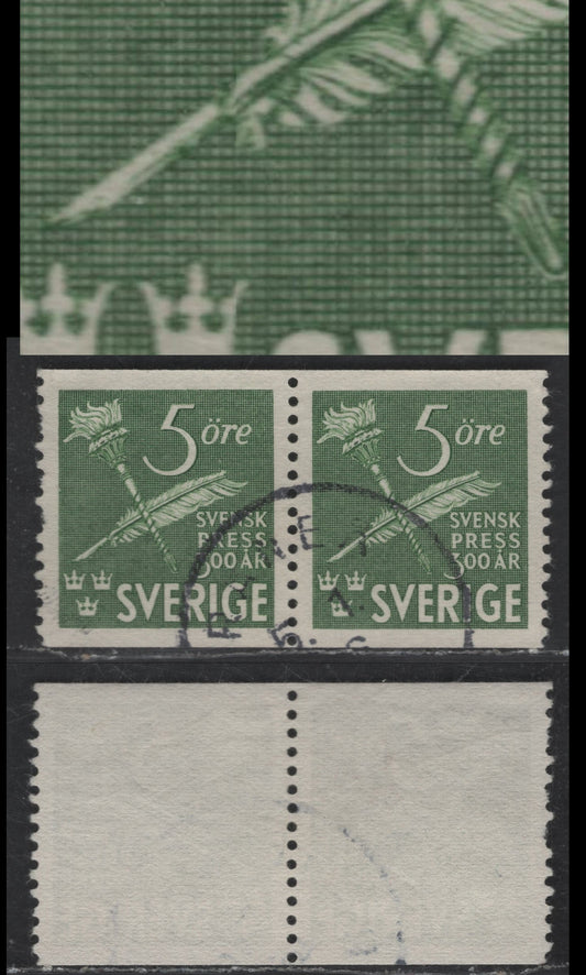 Sweden SC#360var (Facit #359PI) 5o Green Torch & Quill Pen, 1945 Pictorial Issue, A Very Fine Used Pair, Broken Pen Variety