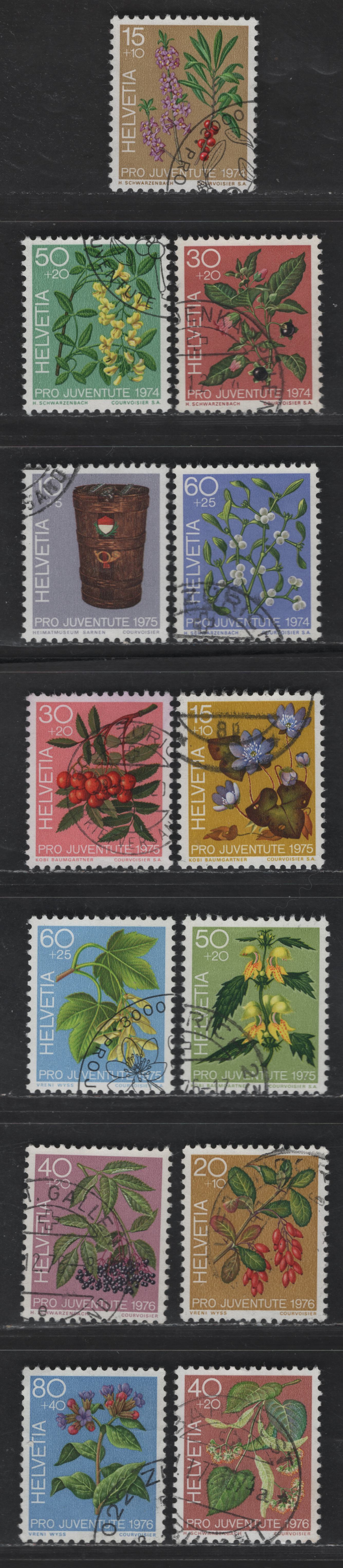 Switzerland SC#B426-B429, B434-B438, B443-B446 15c+10c - 60c+20c Multicolored Laurel - Hepatica, 1974-1975 Semi Postal Issues, 13 Very Fine Used Singles