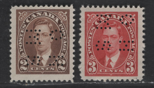 Canada #O9-232, O9-233 2c, 3c Brown & Carmine Red King George VI, 1937-1942 Mufti & Pictorial Issue, 2 Fine & VFNH Singles Position 4 4-Hole OHMS Perfin, Vertical Wove With Light Horizontal Ribbing, Semi-Gloss Cream Gum