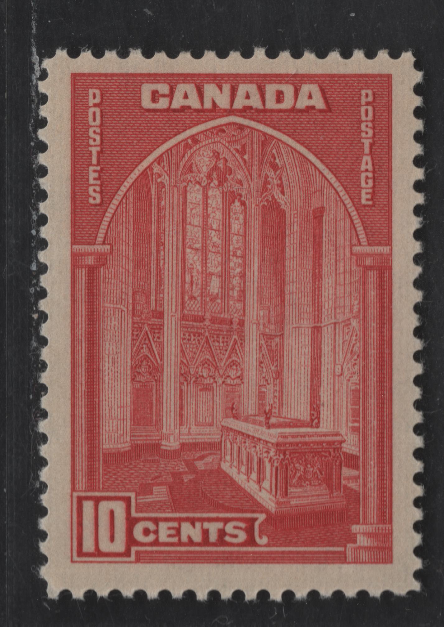 Canada #241 10c Dull Carmine Memorial Chamber, 1938 King George Pictorial Issue, A VFNH Single Glows Deep Carmine Under UV, On Vert. Ribbed Paper With Satin/Semi Gloss Deep Cream Gum