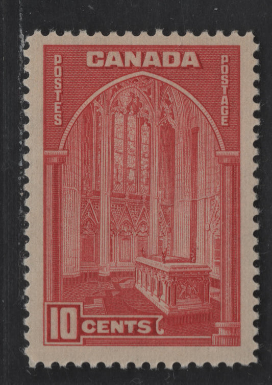 Canada #241 10c Dull Carmine Memorial Chamber, 1938 King George Pictorial Issue, A VFNH Single Glows Deep Carmine Under UV, On Vert. Ribbed Paper With Satin/Semi Gloss Deep Cream Gum