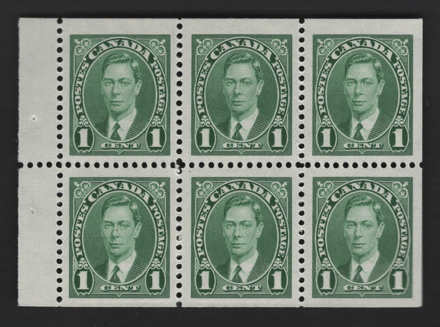 Canada #231b 1c Green King George VI, 1937-1942 Mufti & Pictorial Issue, A VFNH Booklet Pane Of 6 Vertical Wove Paper, White Semi-Gloss Gum