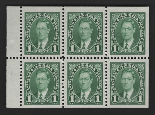 Canada #231b 1c Green King George VI, 1937-1942 Mufti & Pictorial Issue, A VFNH Booklet Pane Of 6 Vertical Wove Paper, White Semi-Gloss Gum