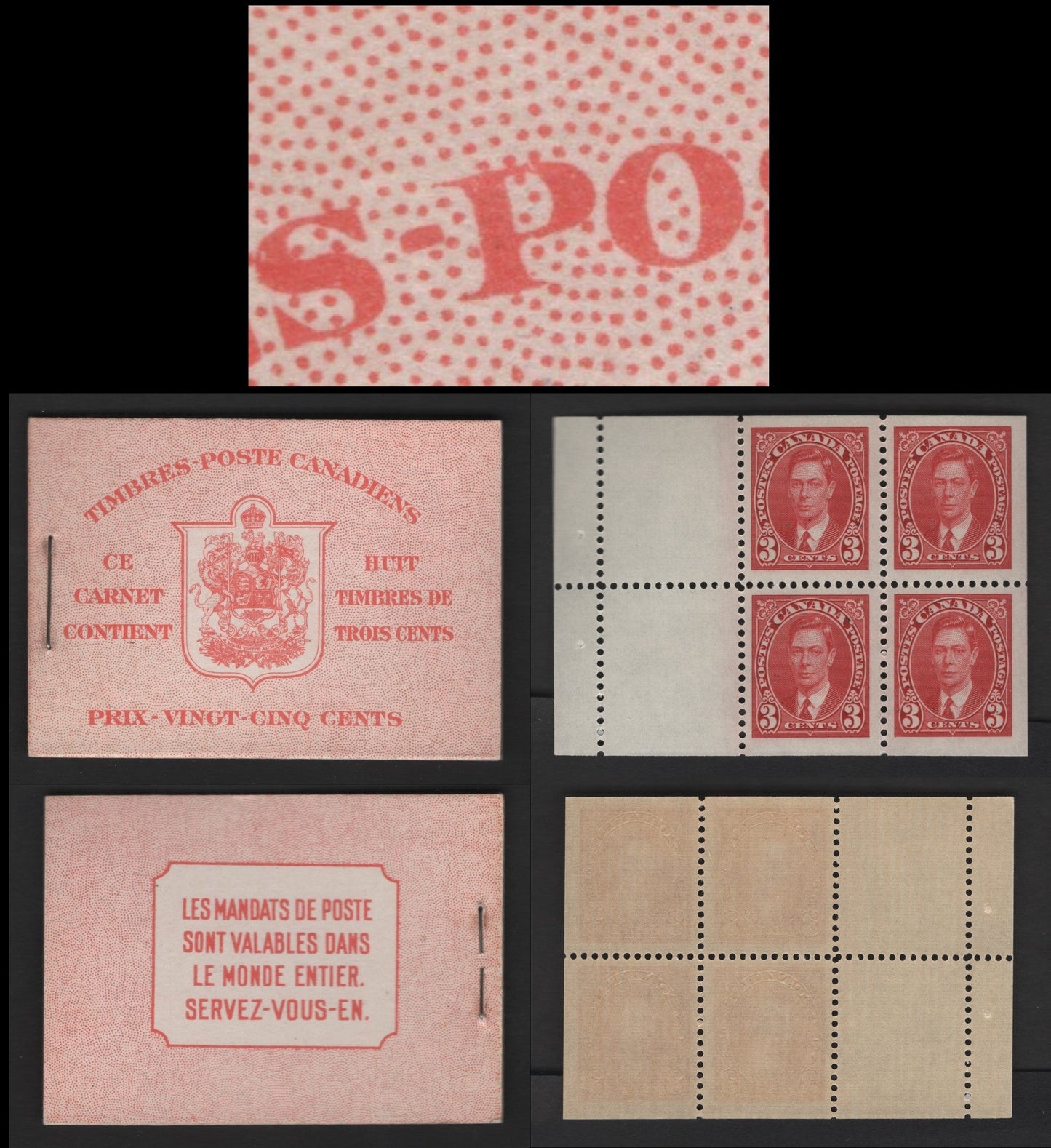 Canada #BK30cF 3c Carmine Red King George VI & Arms, 1937-1942 Mufti & Pictorial Issue, A VFNH Complete 25c Booklet French Text, Type II 6c Airmail Rate, Harris Cover Type IIo, 2 Panes Of 4 + 2 Labels, Smooth Vertical Wove Paper, Streaky Cream Gum