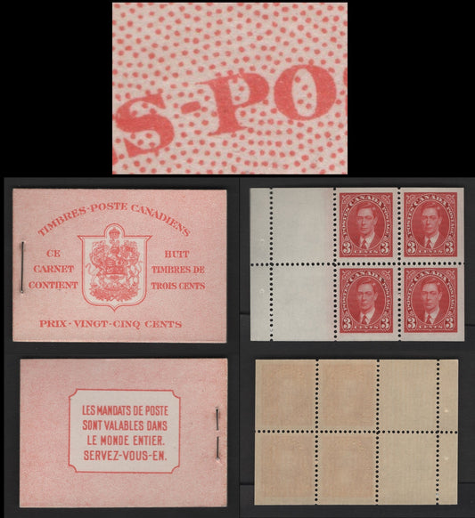 Canada #BK30cF 3c Carmine Red King George VI & Arms, 1937-1942 Mufti & Pictorial Issue, A VFNH Complete 25c Booklet French Text, Type II 6c Airmail Rate, Harris Cover Type IIo, 2 Panes Of 4 + 2 Labels, Smooth Vertical Wove Paper, Streaky Cream Gum