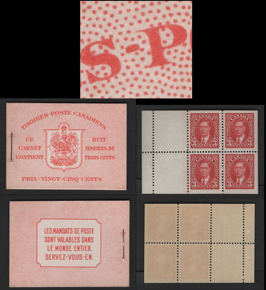 Canada #BK30cF 3c Carmine Red, 1937-1942 Mufti & Pictorial Issue, A VFNH Complete 25c Booklet French Text, Type II 6c Airmail Rate, Harris Cover Type IIo, 2 Panes Of 4 + 2 Labels, Smooth Vertical Wove Paper, Smooth Semi-Gloss Cream Gum