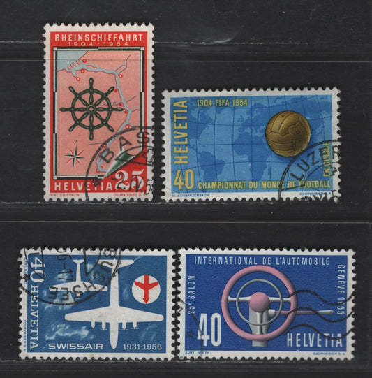 Switzerland SC#349-350, 354, 357 25c - 20c Red, Dark Olive Green & Gray - Multicolored Map & Nautical Emblems - Post Bus, 1954-1956 50 Years Of Navigating The Rhine - Post Bus Issues, 4 Very Fine Used Singles