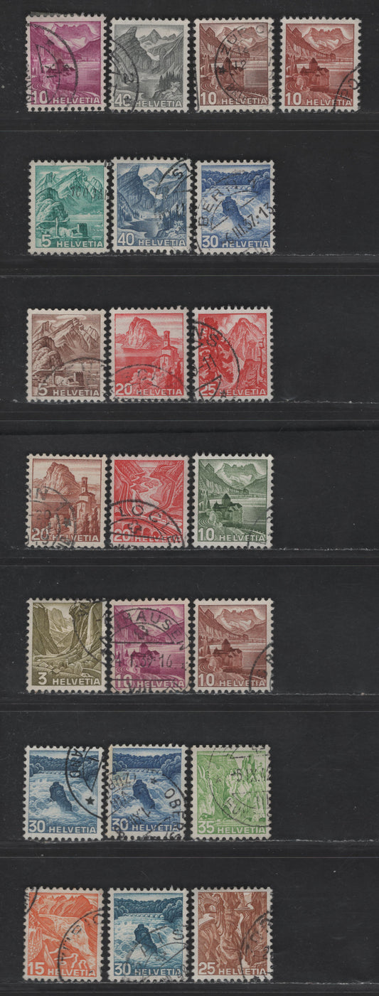 Switzerland SC#227-236, 229b, 316-321 3c - 40c Olive - Ultramarine Staubbach Falls - Alpine Lake Of Salt, 1936 - 1948 Pictorial Issues, 21 Very Fine Used Singles, Includes Extra Shades & Both Types Of 10c