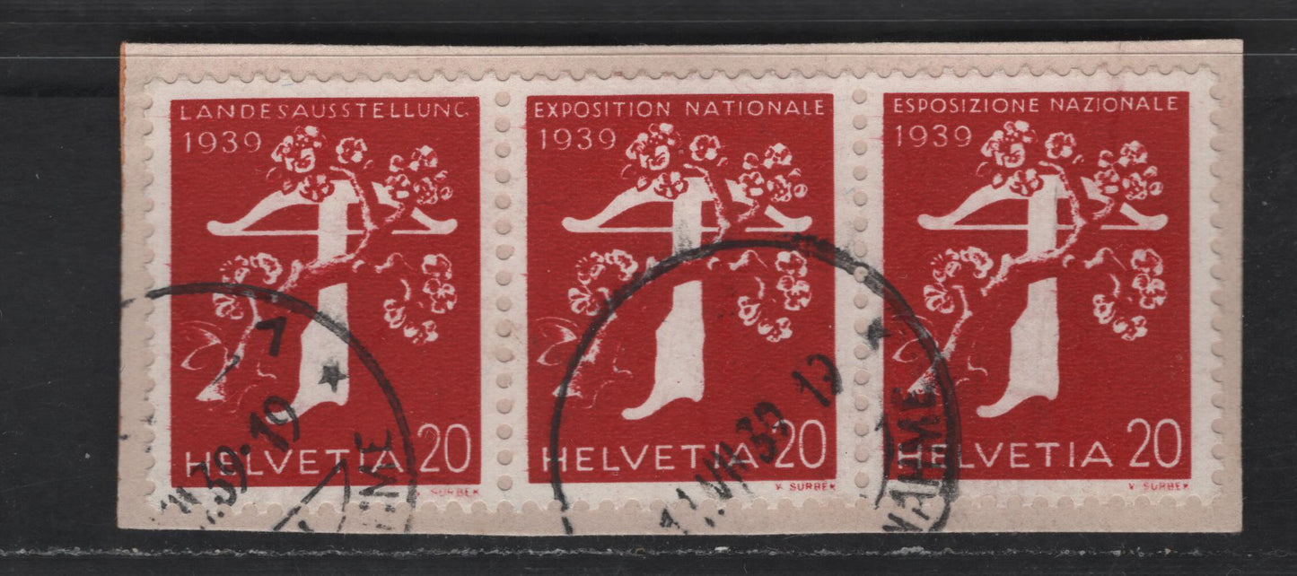 Switzerland SC#258, 262, 266 20c Bright Carmine Tree & Crossbow, 1939 Pictorial Issue, A Very Fine Used Coil Strip Of 3, All 3 Languages