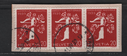 Switzerland SC#258, 262, 266 20c Bright Carmine Tree & Crossbow, 1939 Pictorial Issue, A Very Fine Used Coil Strip Of 3, All 3 Languages
