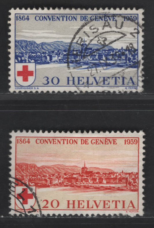 Switzerland SC#268-269 20c - 30c Red, Carmine & Buff - Blue, Carmine & Gray View of Geneva, 1939 75th Anniv of Red Cross Issue, 2 Very Fine Used Singles, Perf 11.5, Unwatermarked
