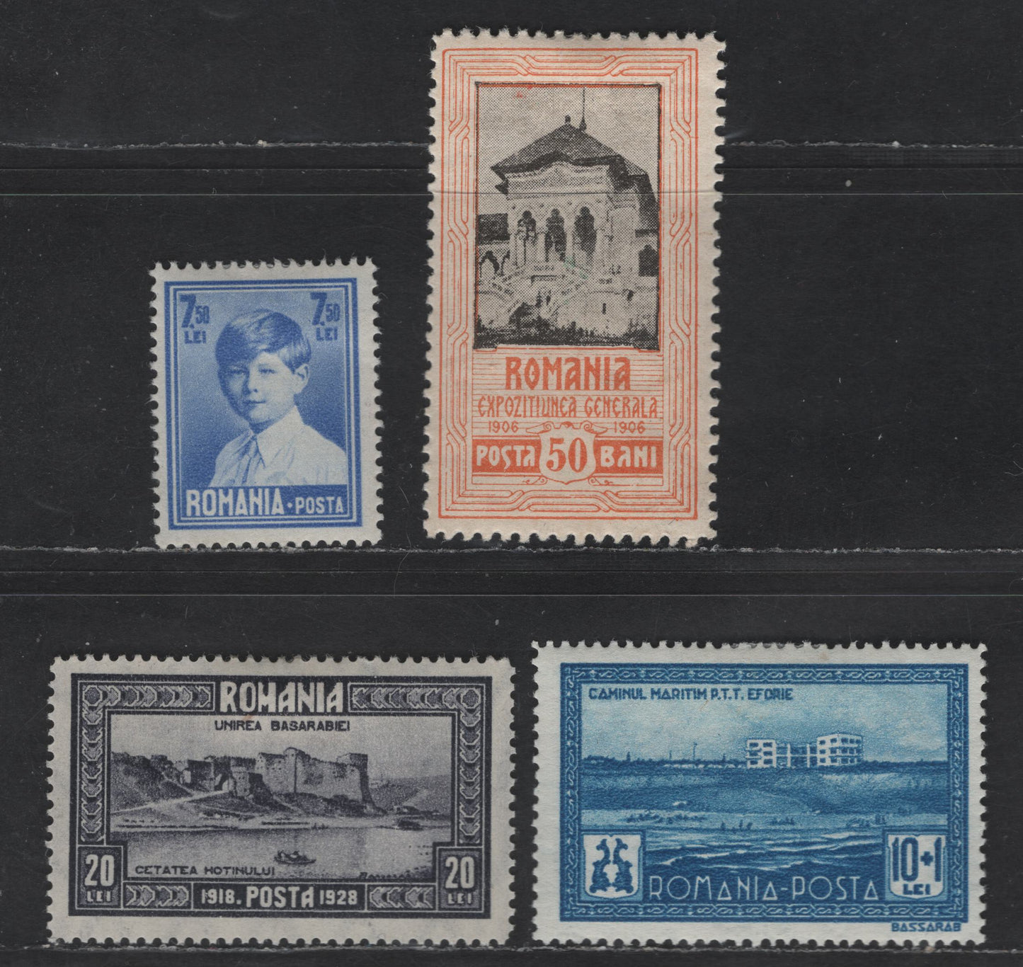 Lot 180 Romania SC#202, 335, 356, B39 50b - 7.50l Orange & Black - Ultramarine Exposition Building -King Michael, 1906-1930 General Exposition - King Michael Issues, 4 F/VFOG Singles