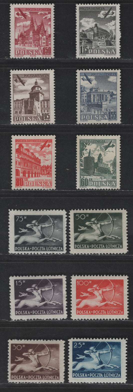 Poland SC#C21-C26, C35-C40 15z - 1.95z Dark Violet - Chocolate Centaur - Paczkow Castle, Luban, 1948-1954 Airmail Issues, 12 F/VFOG Singles