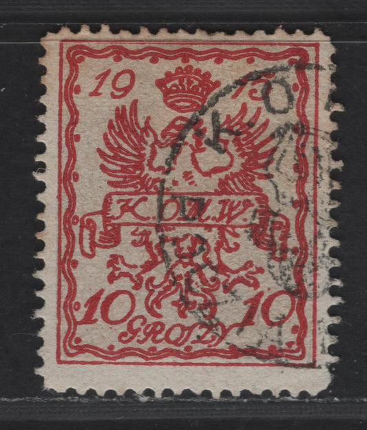 Poland MI#2a 10gr Dark Brownish Red on Light Chrome Yellow Polish Eagle, 1915 Warsaw Local Issue, A Very Fine Used Single