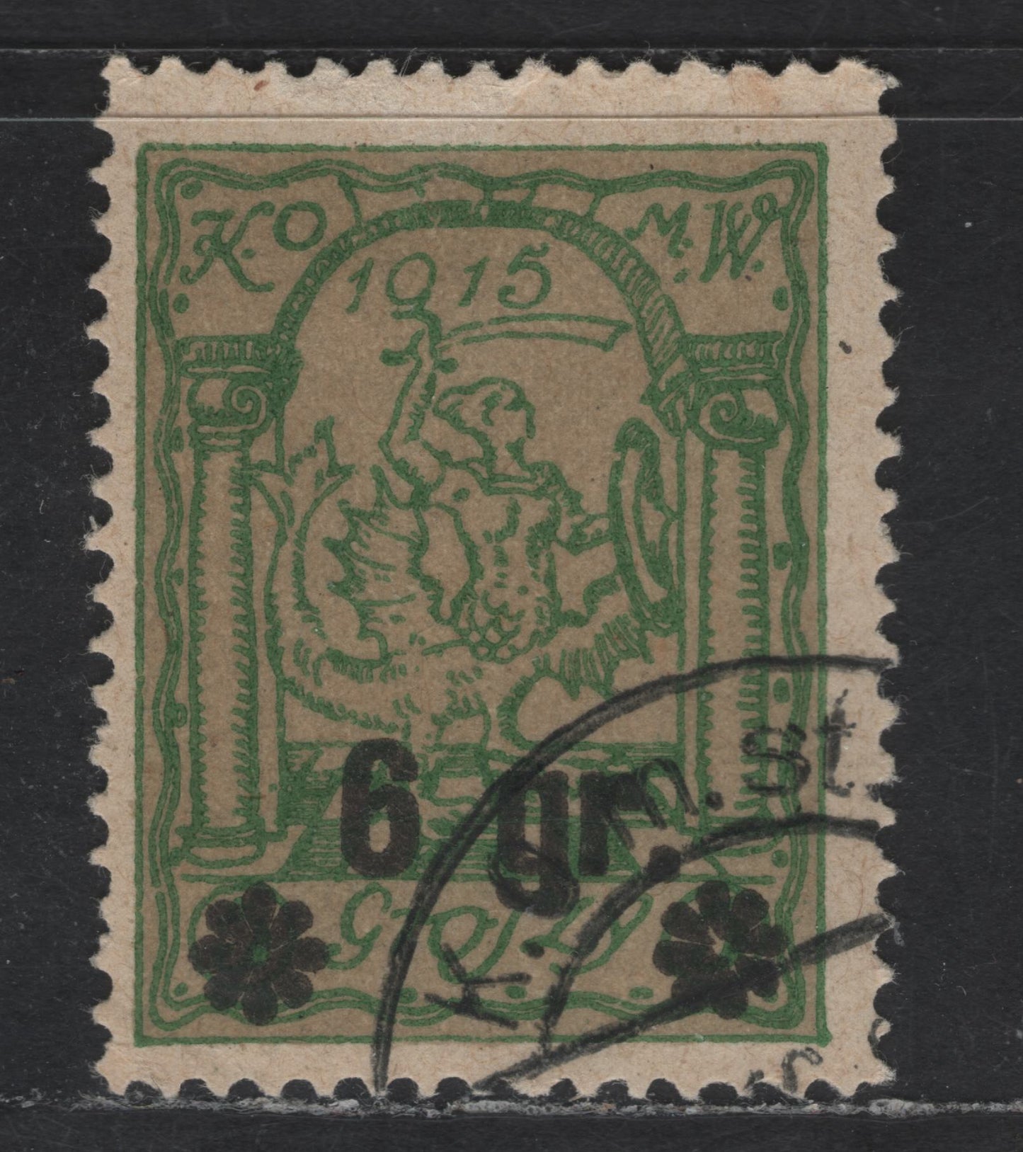 Poland MI#10a 6gr Dark yellowish Green on Olive Yellow Polish Eagle, 1916 Warsaw Local Issue, A Fine Used Single