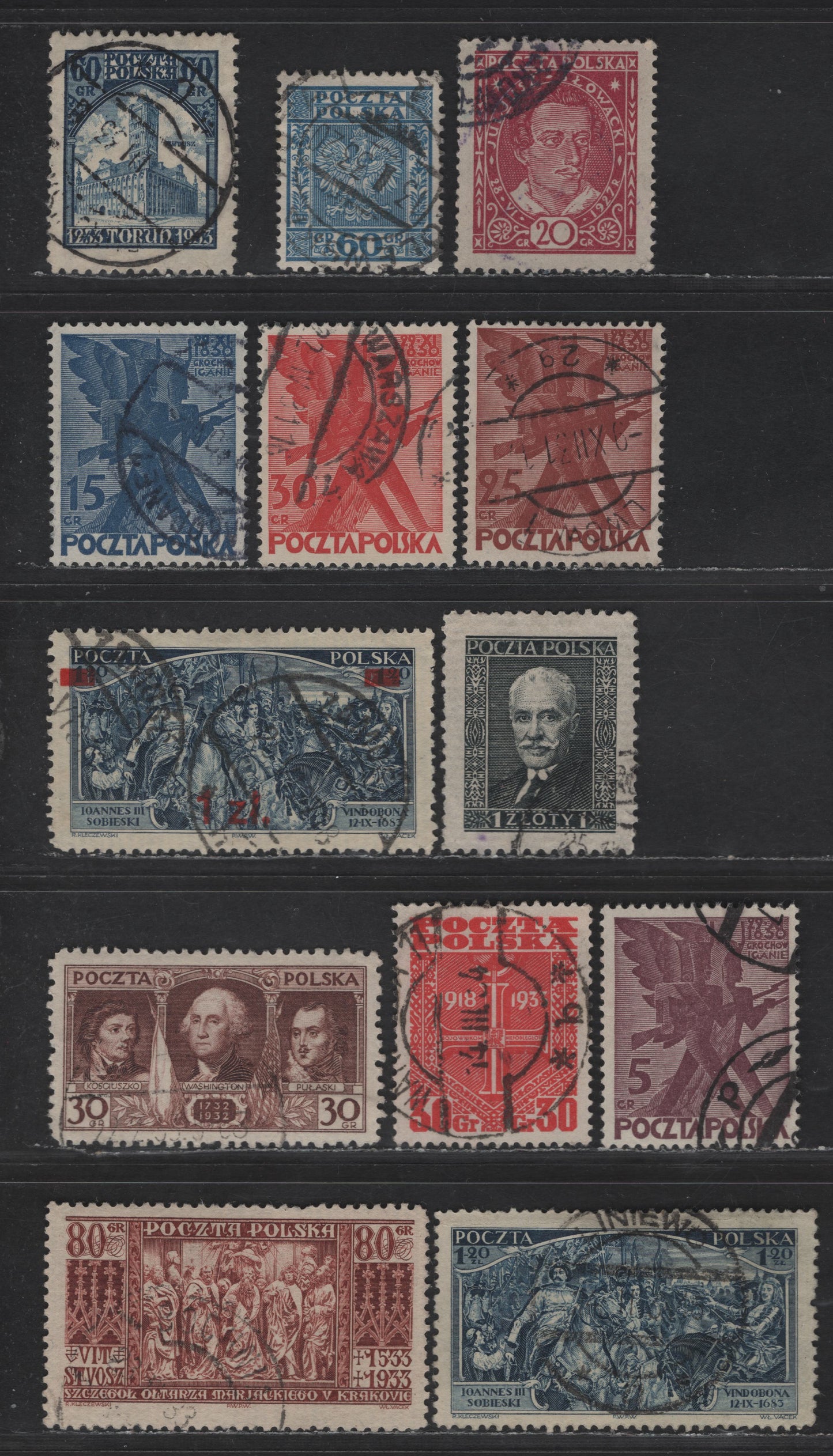 Poland SC#249, 255a, 263-267, 274, 277-279, 286 20g - 1x on 1.20z Rose - Indigo Juliusz Slowacki - John III Sobieski, 1927-1934 Juliusz Slowacki - John III Sobieski Issues, 12 Fine/Very Fine Used Singles