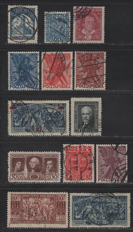 Poland SC#249, 255a, 263-267, 274, 277-279, 286 20g - 1x on 1.20z Rose - Indigo Juliusz Slowacki - John III Sobieski, 1927-1934 Juliusz Slowacki - John III Sobieski Issues, 12 Fine/Very Fine Used Singles