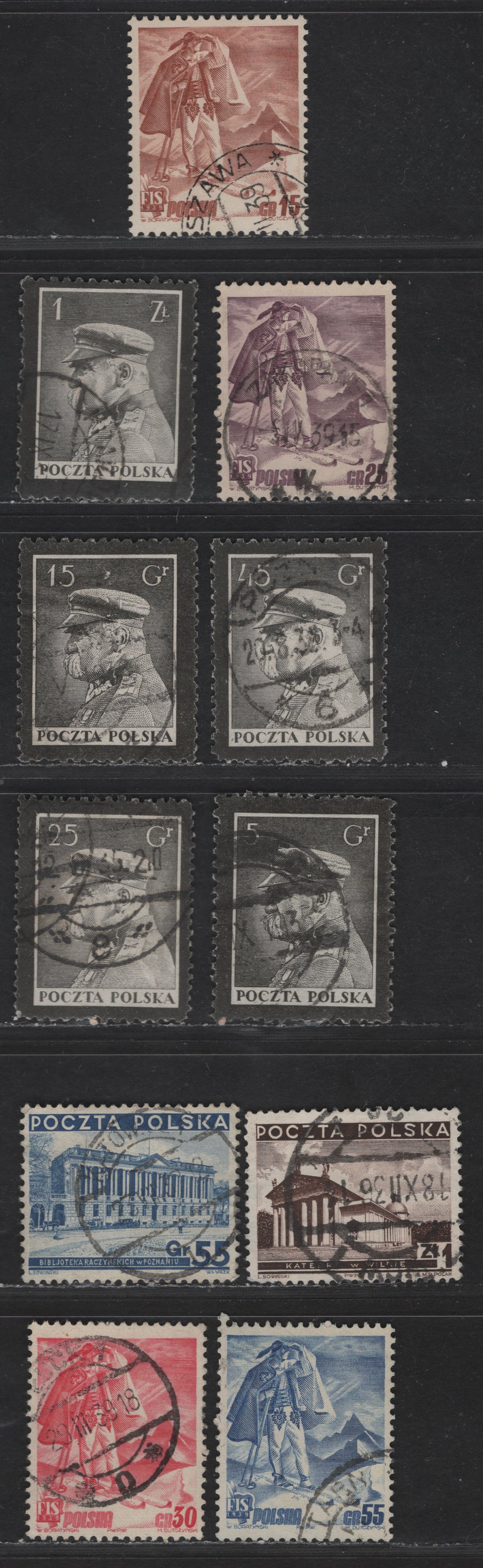 Poland SC#287-291, 302-303, 335-338 5g - 55g Black - Bright Ultramarine Marshal Pilsudski - Skier, 1935-1939 Pilsudski Mourning Site - Int'l Ski Meet Issue, 11 Fine/Very Fine Used Singles