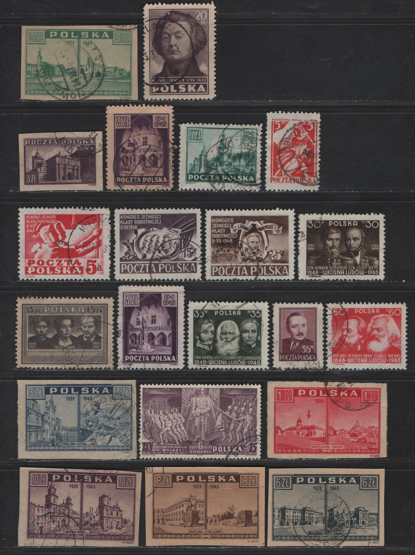 Poland SC#340, 360-361, 367, 374-379, 402, 417, 430-432, 444-447 25g - 25z Dull Rose Violet - Brown Marshal Pilsudski - Workers Carrying Flag, 1939-1948 25th Anniv Polish Legion - Workers Issues, 21 Very Fine Used Sheet & Imperf Singles