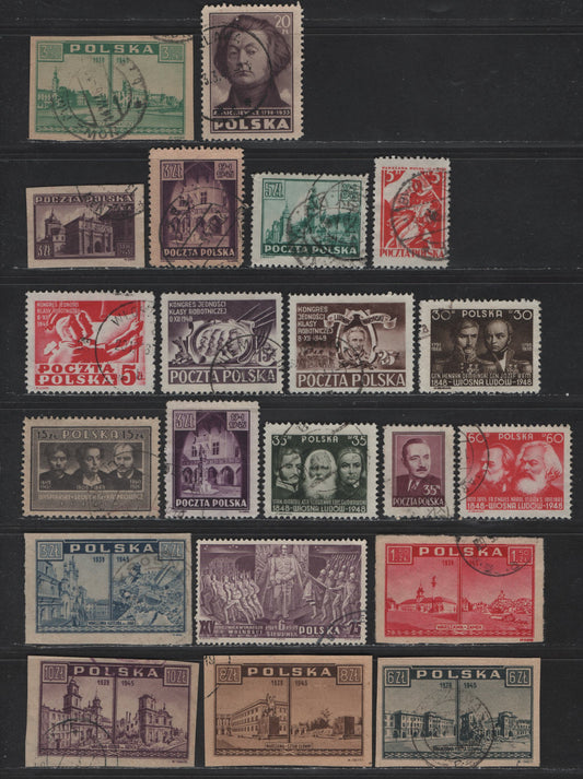 Poland SC#340, 360-361, 367, 374-379, 402, 417, 430-432, 444-447 25g - 25z Dull Rose Violet - Brown Marshal Pilsudski - Workers Carrying Flag, 1939-1948 25th Anniv Polish Legion - Workers Issues, 21 Very Fine Used Sheet & Imperf Singles