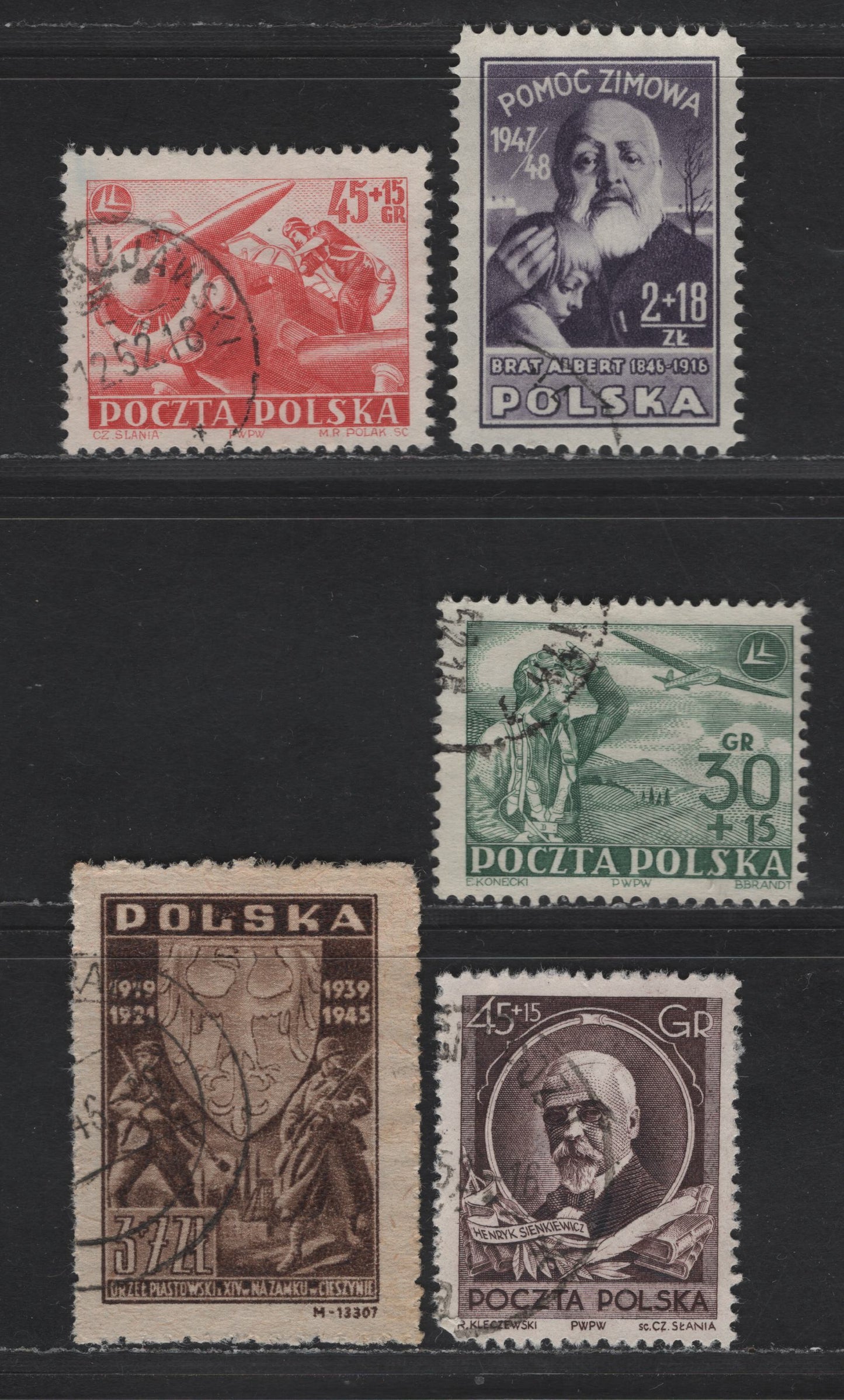 Poland SC#B44, B57, B73, B86-B88 3z+7z - 45g+15g Brown - Violet Brown 14th Century Piast Eagle & Soldiers - Henryk Sienkiewicz, 1946-1952 Semi Postal Issues, 6 Fine/Very Fine Used Singles,