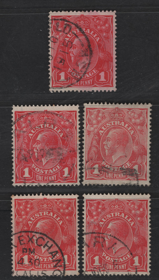 Australia #21cf, 21cc, 21c(2 shades), 21d, 1914-1920 King George V Heads Issue, 5 VF Used Singles In Various Shades And Die, Perf Comb 14, Wmk Single Crown Over A