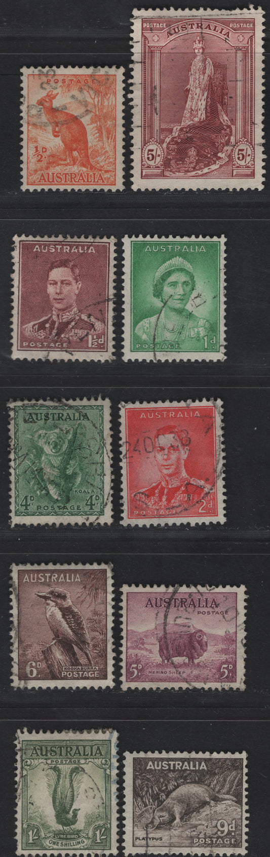 Australia SG#164-167, 170-174, 176 1/2d - 5/- Orange - Claret Kangaroo - Robes, 1937-1949 Zoological Issue, 10 Fine/Very Fine Used Singles, Perfs 13.5x14 & 14x13.5