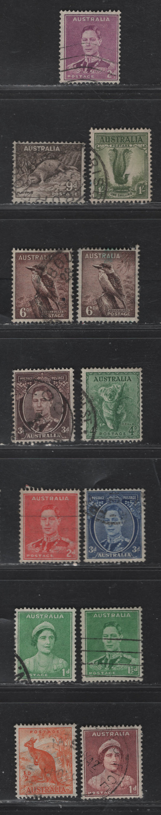 Australia SG#179-181, 183/190a, 191-192 1/2d - 1/- Orange - Gray Green Kangaroo - King George VI, 1937-1949 Zoological Issue, 13 Fine/Very Fine Used Singles, Perfs 15x14 & 14x15