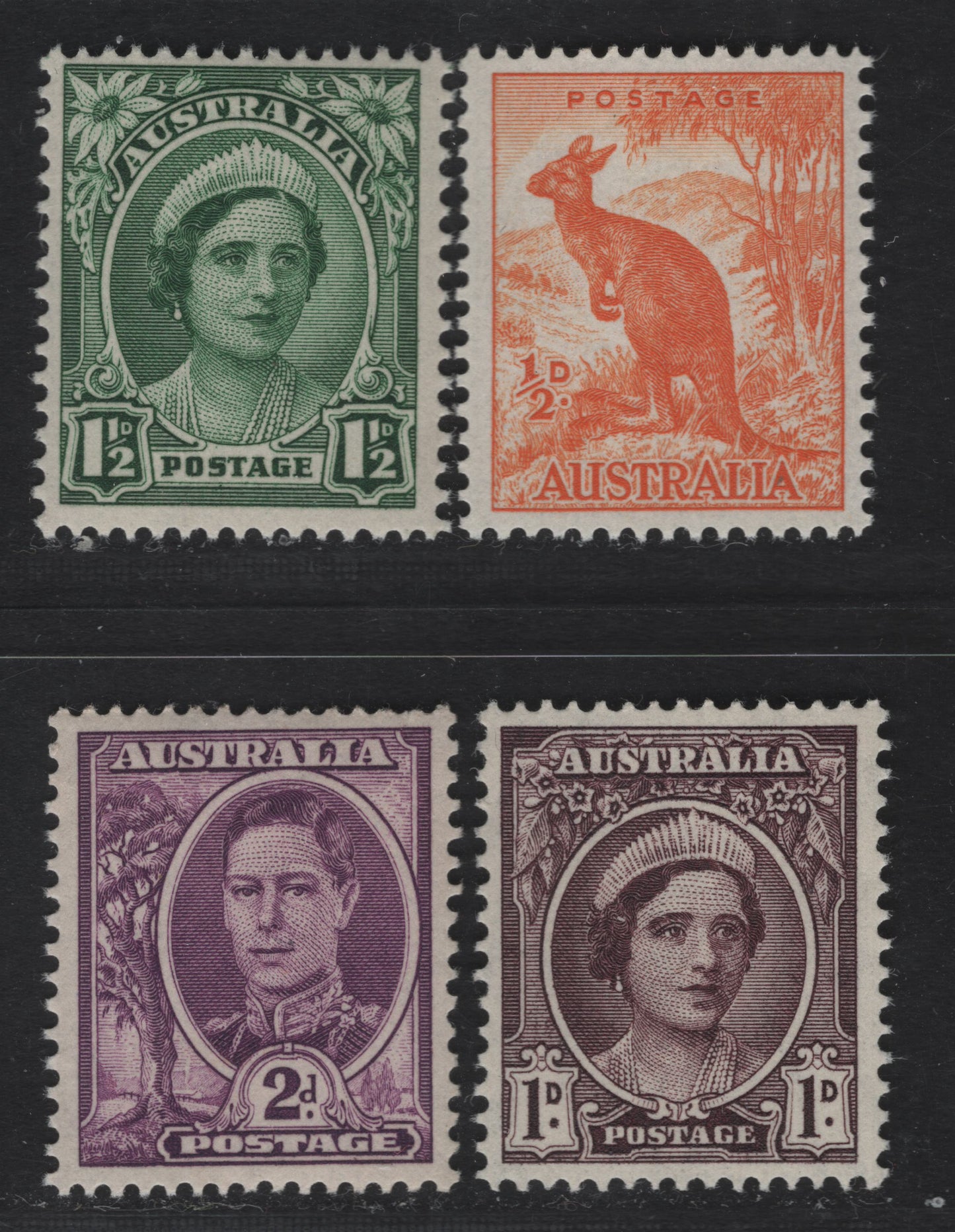 Australia SG#203, 228-230 1/2d - 2d Orange - Purple King George VI, 1943-1956 KGVI Definitives & Unwatermarked Zoological Issues, 4 F/VFNH Singles