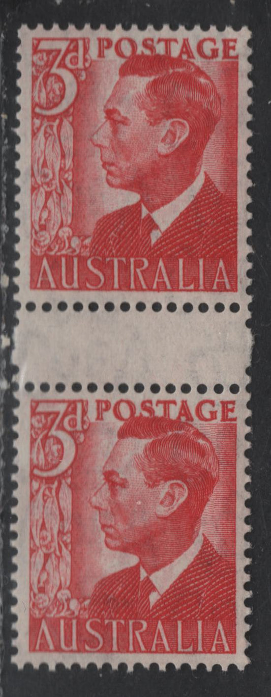 Australia SG#235var 3d Scarlet King George VI, 1950-1952 Royal Profile Definitives, A VFNH Gutter Pair, Unlisted