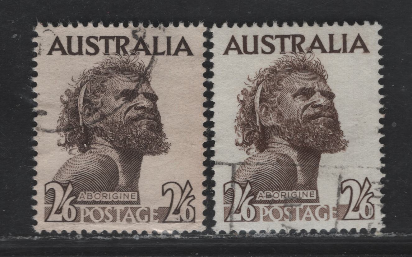 Australia SG#253ba, 253b 2/6 Sepia Aborigine, 1951-1965 Royal Portrait Definitive Issue, 2 Very Fine Used SIngles, White Harrison Paper, 1965 Emergency Printing, Normal Toned Paper Of The 1957 Printing