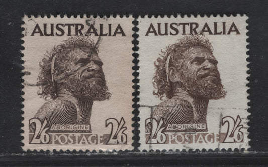 Australia SG#253ba, 253b 2/6 Sepia Aborigine, 1951-1965 Royal Portrait Definitive Issue, 2 Very Fine Used SIngles, White Harrison Paper, 1965 Emergency Printing, Normal Toned Paper Of The 1957 Printing