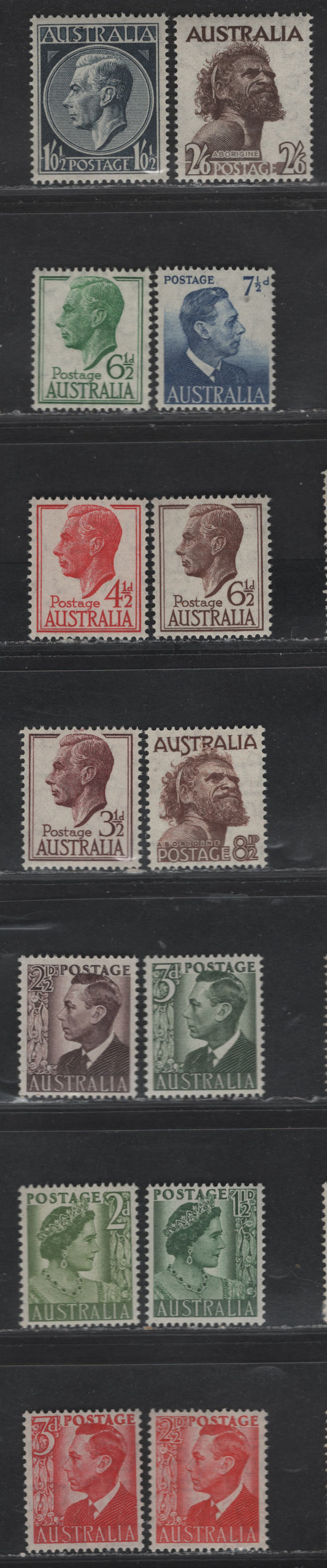 Australia SG#234-237d, 238, 247-253 1.5d - 2/6d Green - Sepia King George VI - Aporigine, 1950-1952 Royal Portrait Definitive Issue, 14 F/VFNH/OG Singles, 2.5d Brown is LH, Others are NH