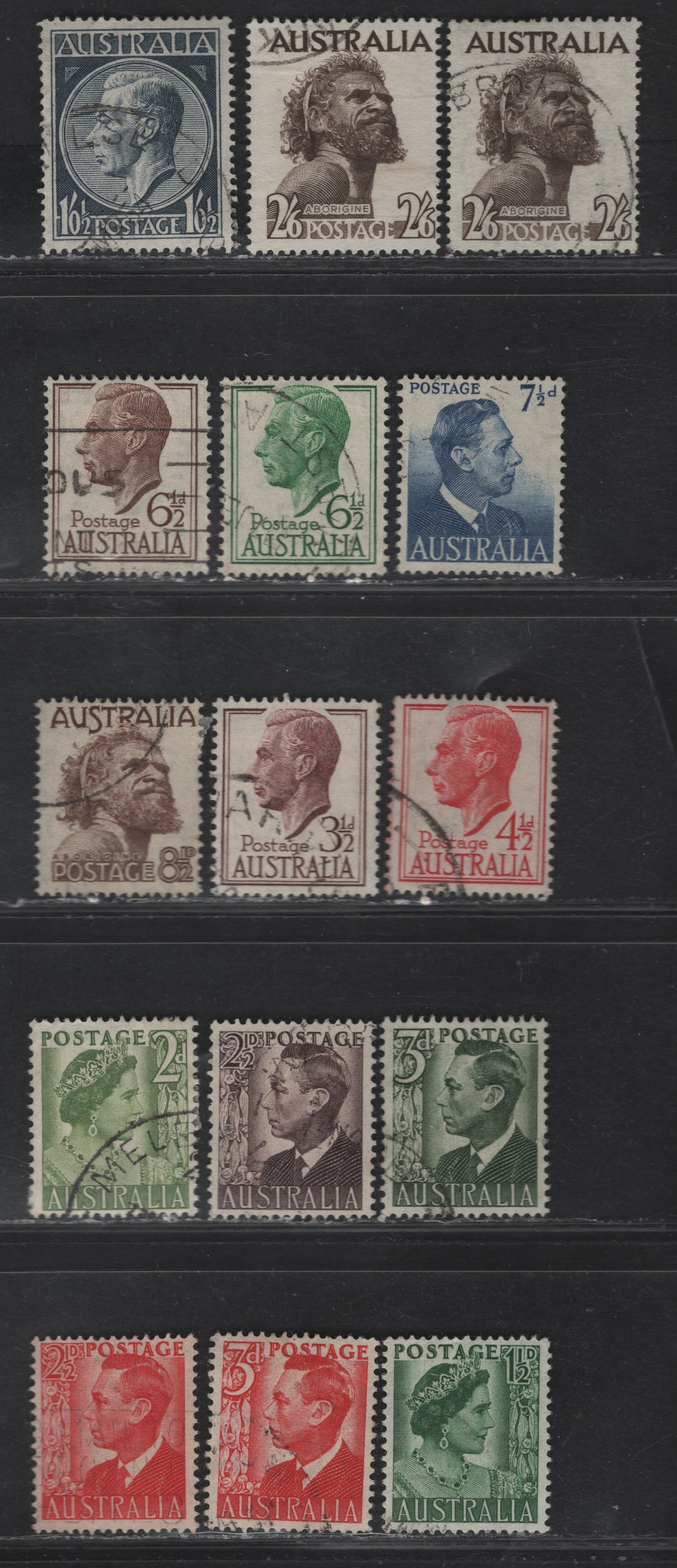 Australia SG#234-237d, 238, 247-253b 1.5d - 2/6d Green - Sepia King George VI - Aporigine, 1950-1952 Royal Portrait Definitive Issue, 15 Fine/Very Fine Used Singles