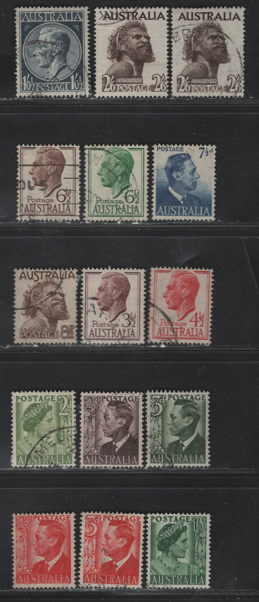 Australia SG#234-237d, 238, 247-253b 1.5d - 2/6d Green - Sepia King George VI - Aporigine, 1950-1952 Royal Portrait Definitive Issue, 15 Fine/Very Fine Used Singles