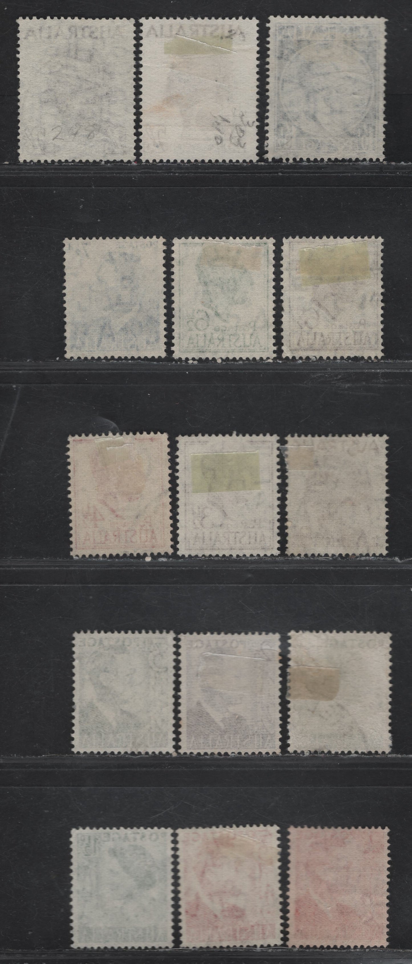 Australia SG#234-237d, 238, 247-253b 1.5d - 2/6d Green - Sepia King George VI - Aporigine, 1950-1952 Royal Portrait Definitive Issue, 15 Fine/Very Fine Used Singles