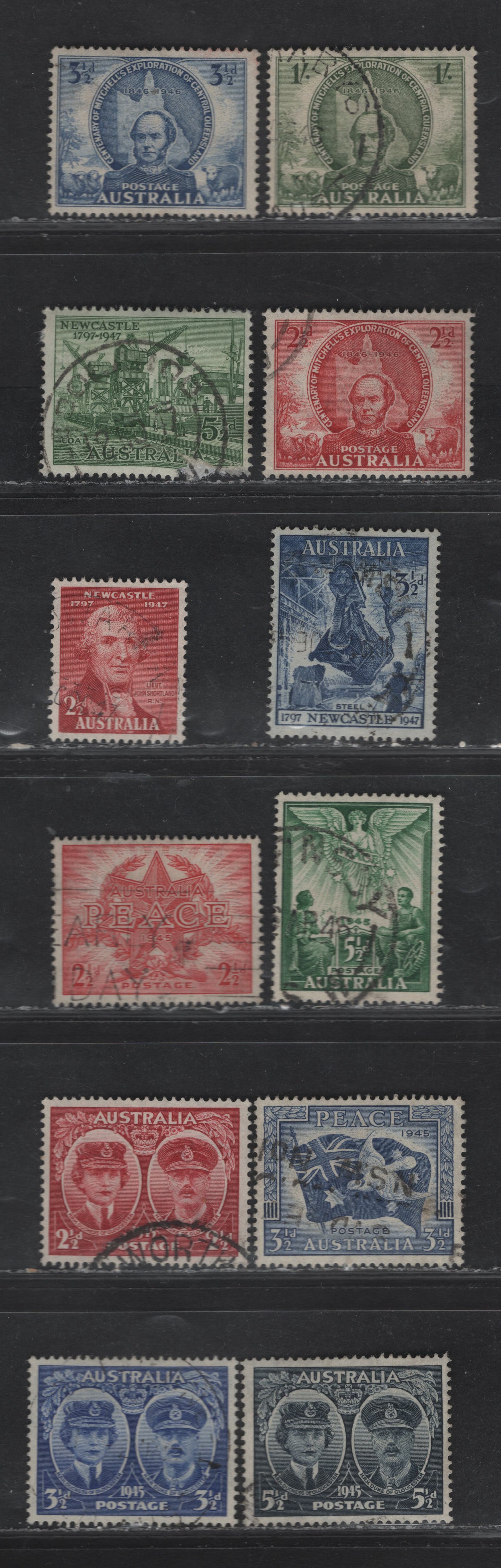 Australia SG#209-211, 213-221 2.5d - 5.5d Lake - Green Duke & Duchess of Gloucester - Peace, 1945-1947 Duke & Duchess of Gloucester - Anniv. Of Newcastle Issues, 12 Fine/Very Fine Used Singles