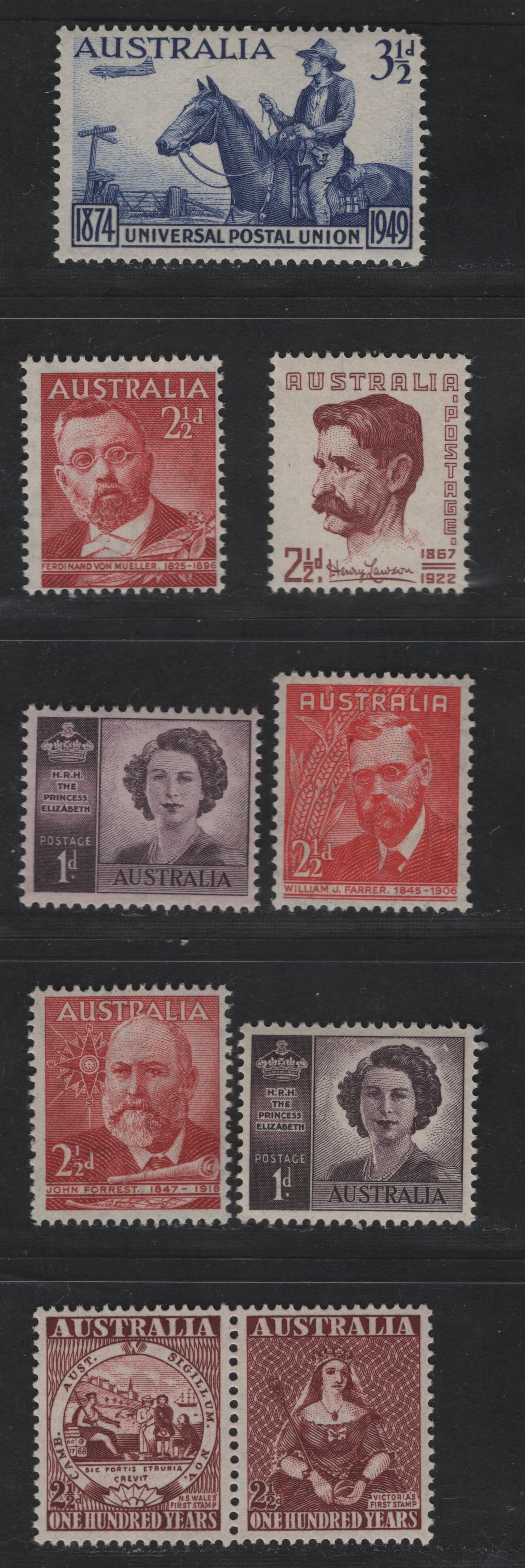 Australia SG#222-222a, 225-227, 231-233, 239a 1d - 2.5d Purple - Maroon Princess Elizabeth - Victoria's First Stamp, 1947-1950 Marriage of Princess Elizabeth - Stamp Centenary Issues, 8 VFNH Singles & Pairs