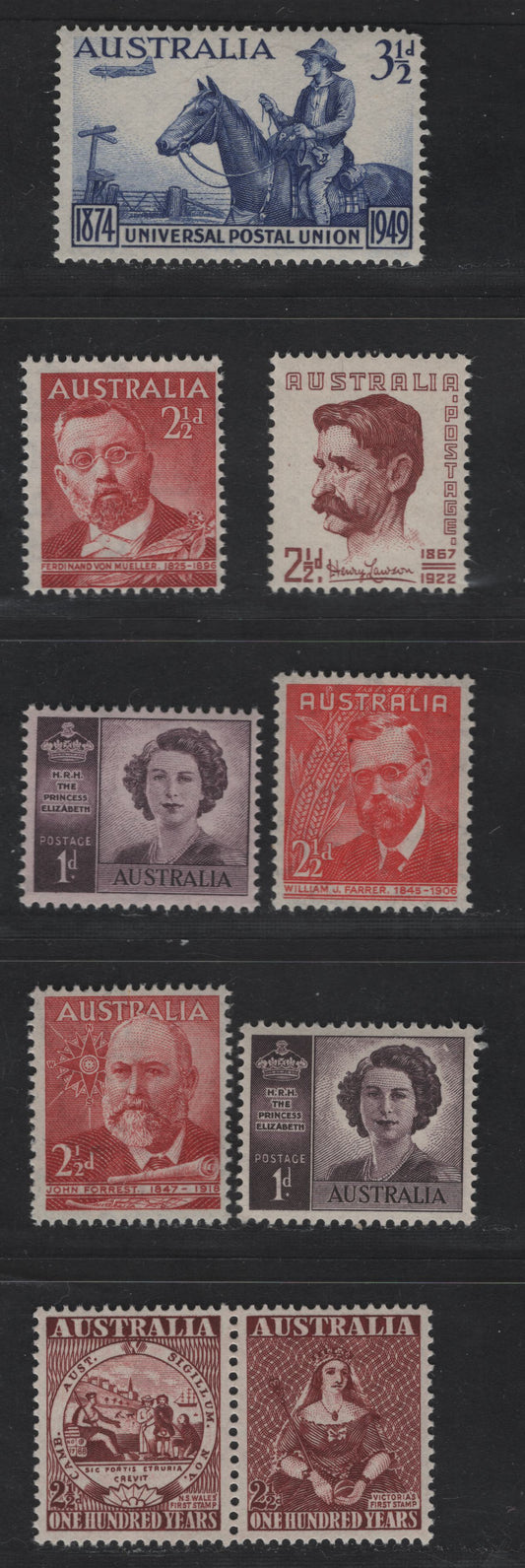 Australia SG#222-222a, 225-227, 231-233, 239a 1d - 2.5d Purple - Maroon Princess Elizabeth - Victoria's First Stamp, 1947-1950 Marriage of Princess Elizabeth - Stamp Centenary Issues, 8 VFNH Singles & Pairs