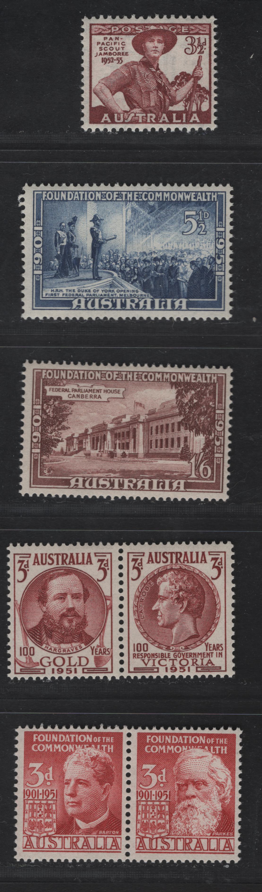 Australia #241a-245a, 254 3d Lake - 3 1/2d Brown Lake, 1951 50th Anniversary Of Federation To 1952 Pan Pacific Scout Jamboree Issues, 2 VFNH Pairs And 3 Singles