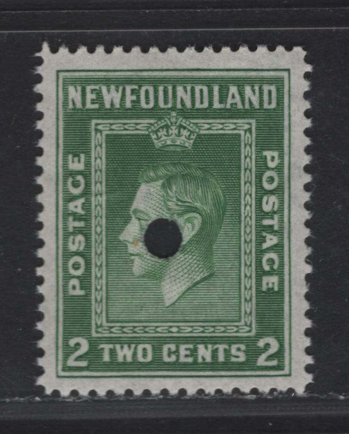 Newfoundland #254var 2c Deep Green King George VI, 1941-1944 Pictorial Issue, A Very Fine Unused Single, Archive Proof, No Gum, Single Hole Punch