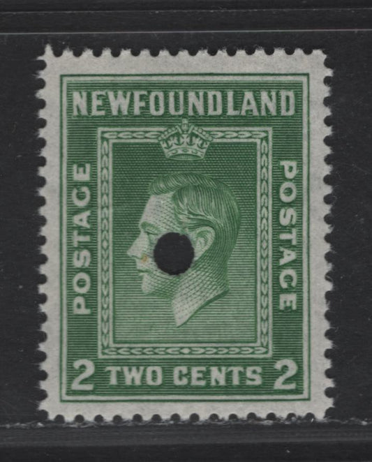 Newfoundland #254var 2c Deep Green King George VI, 1941-1944 Pictorial Issue, A Very Fine Unused Single, Archive Proof, No Gum, Single Hole Punch