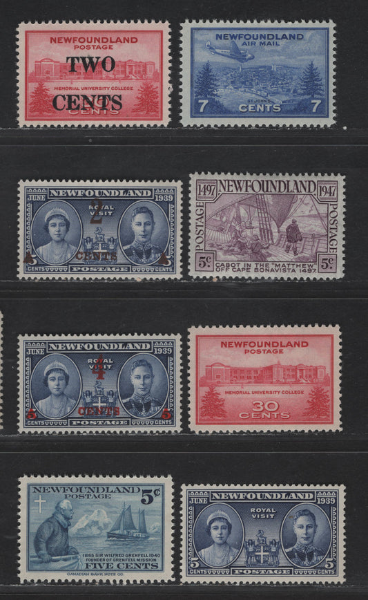 Lot 182 Newfoundland #249-252, 267-268, 270, C19 5c - 7c Violet Blue - Bright Ultramarine Queen Elizabeth & King George VI - View of St. Johns, 1939-1943 Pictorial & Airmail Issues, 8 VFNH SinglesMissing #269